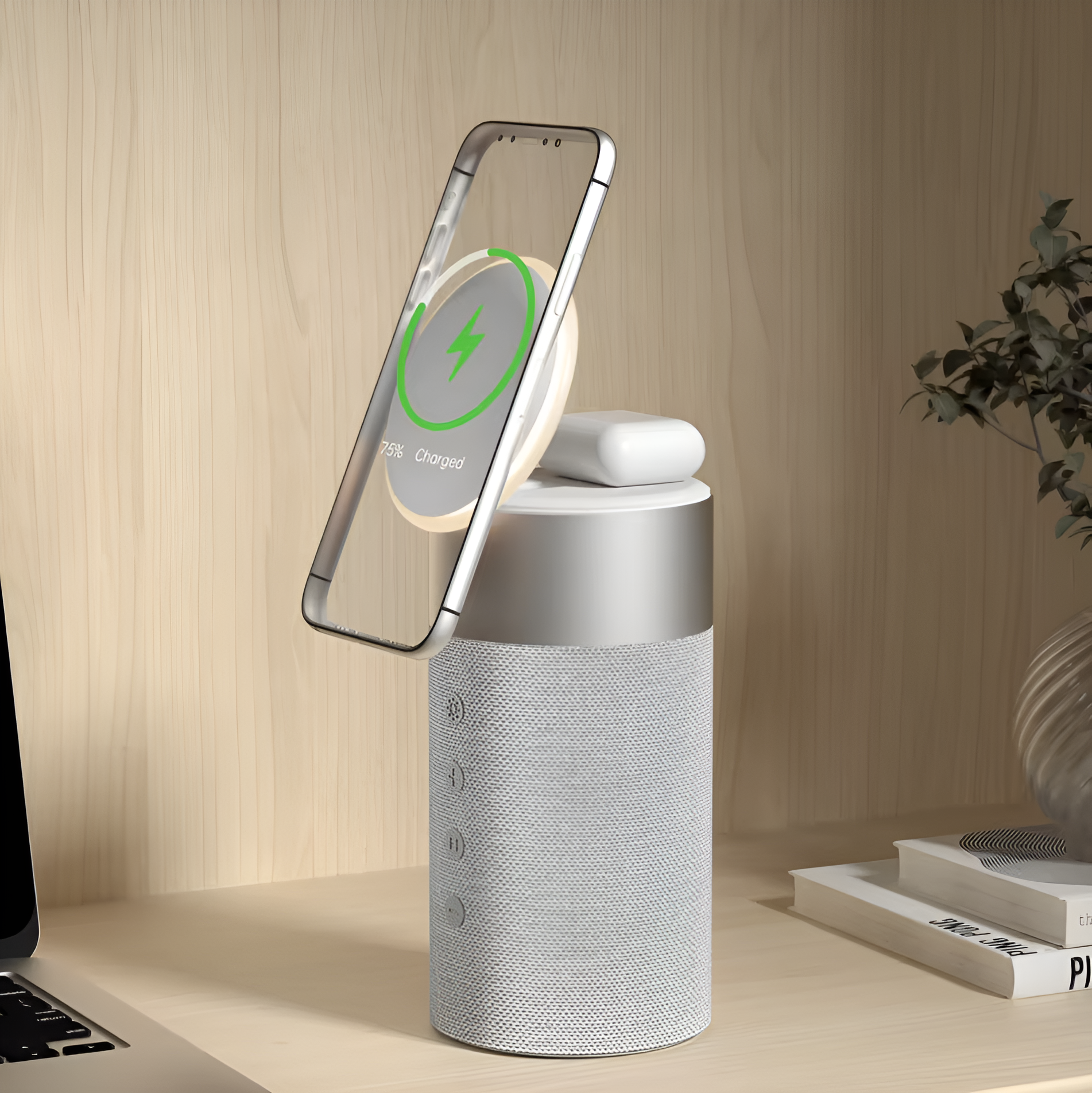 chargeur sans fil avec haut-parleur bluetooth et lampe intégrée de profil